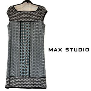 Max Studio Sheath Dress Tile Print Stretch Jersey Square Neck Cap Sleeve Size M